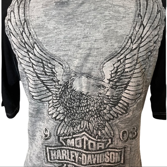 Harley Davidson Authentic Laced Front Gray Black Raglan Eagle Logo Graphic Tee - Picture 9 of 10